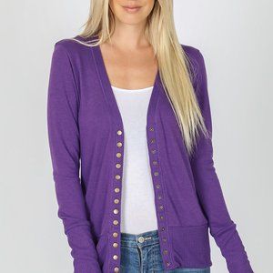 SNAP BUTTON SWEATER CARDIGAN WITH RIBBED DETAIL